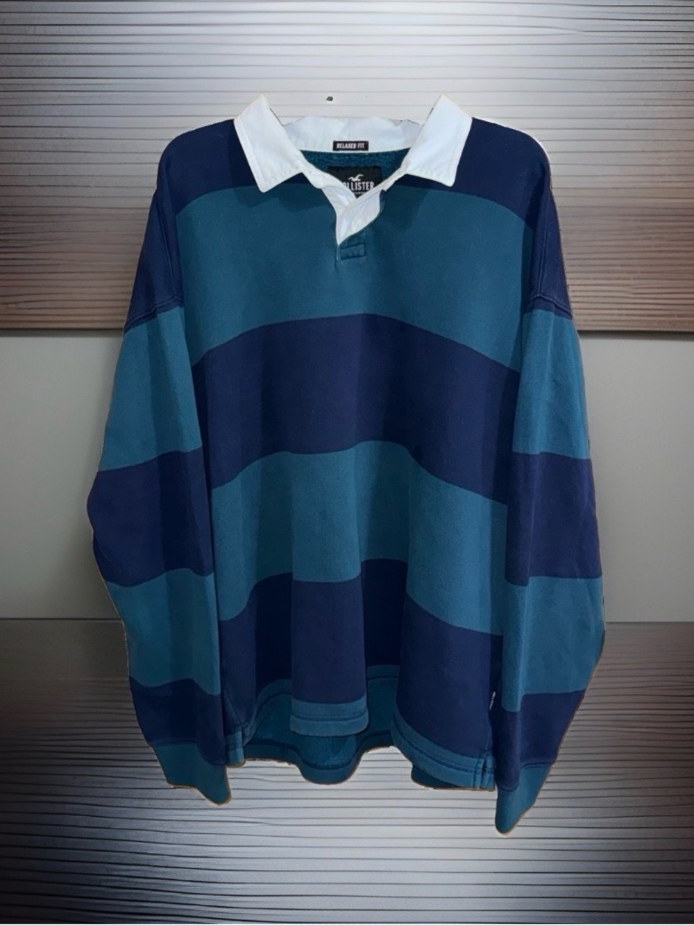 Hollister Men’s Teal&Navy Striped Rugby Shirt w/White Collar-Relaxed Fit-XXL-EC